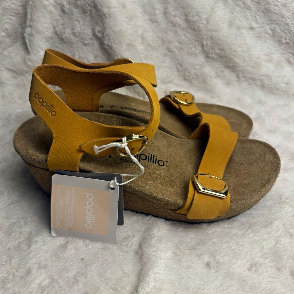 Papillio Yellow Leather Strappy Buckle Wedge Sandals Women US 9 EU 40